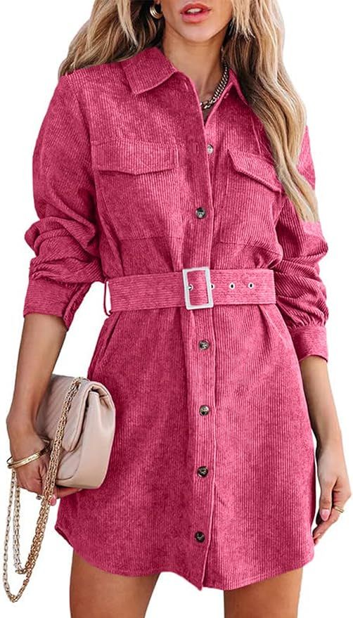 Uusollecy Women Corduroy Mini Dress Long Sleeve Button Down Jacket Shirt Dresses with Belt | Amazon (US)