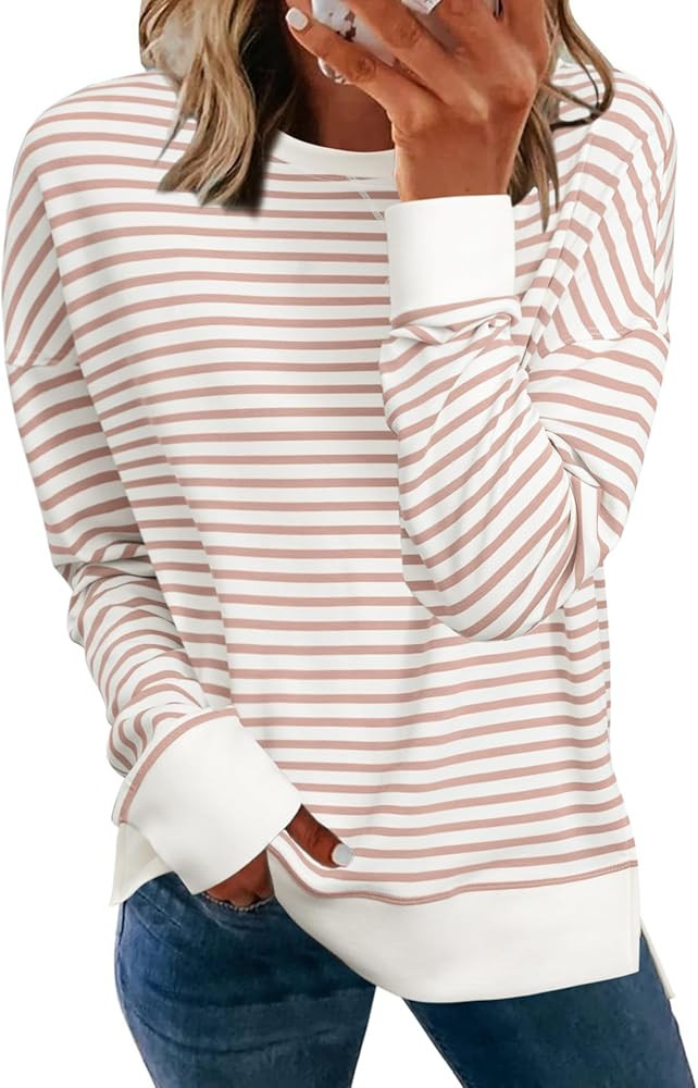 Simplee Womens Sweatshirt Long Sleeve Crewneck Striped Sweatshirt for Women 2024 Trendy Fall Tops... | Amazon (US)