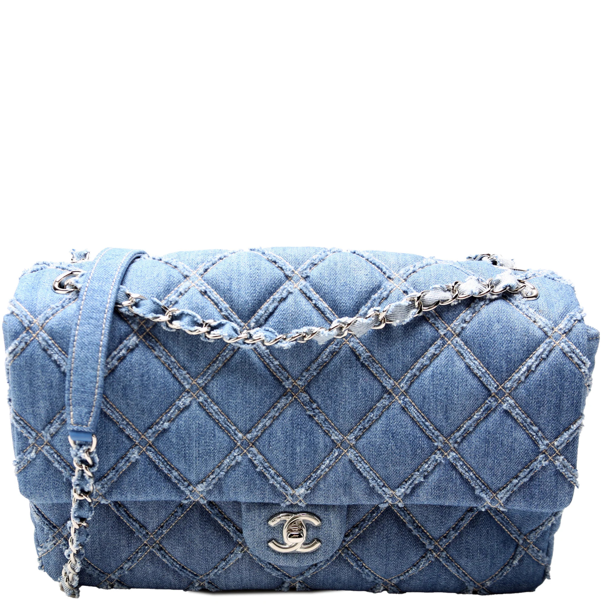 Blue Chip Flap Bag Large Frayed Denim 29M | Keeks Designer Handbags
