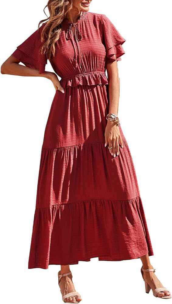 Women’s Bohemian Sleeveless Maxi Dress Square Neck Backless Boho Ruffle Hem Long Dress | Amazon (US)