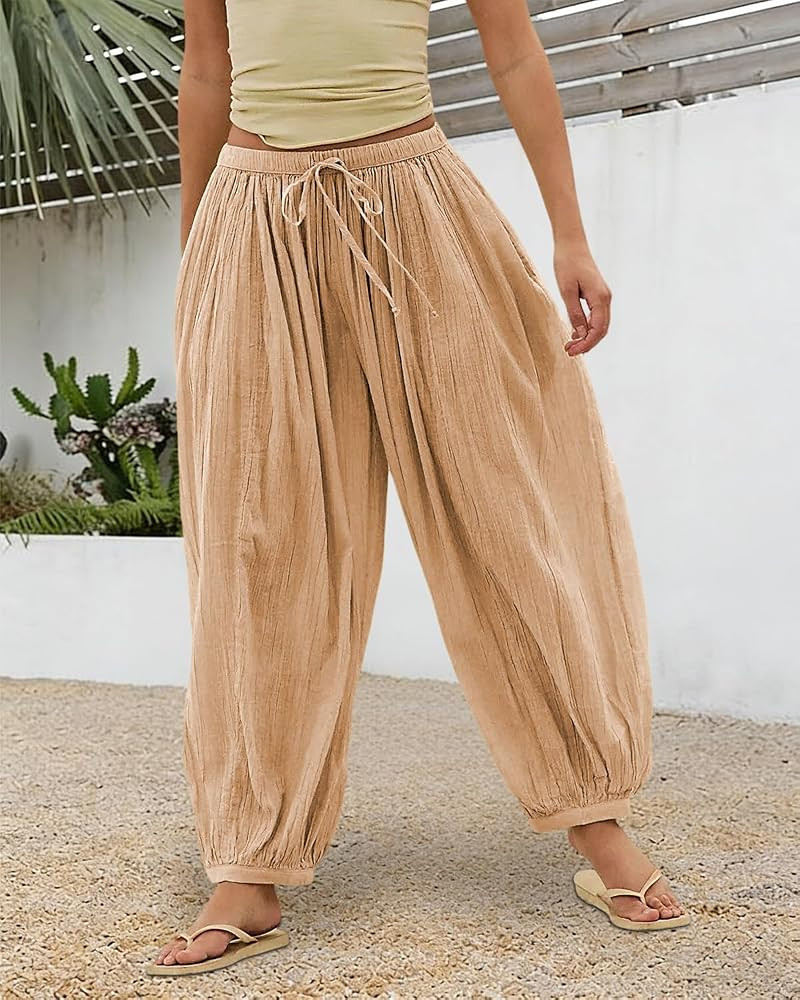 Womens Baggy Linen Balloon Barrel Beach Pants Drawstring Loose Wide Leg Boho Harem Pants with Poc... | Amazon (US)