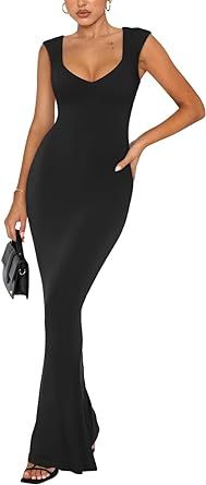 REORIA Women's Sexy Square V Neck Cap Sleeve Elegant Lounge Long Dress Ribbed Bodycon Maxi Dresse... | Amazon (US)