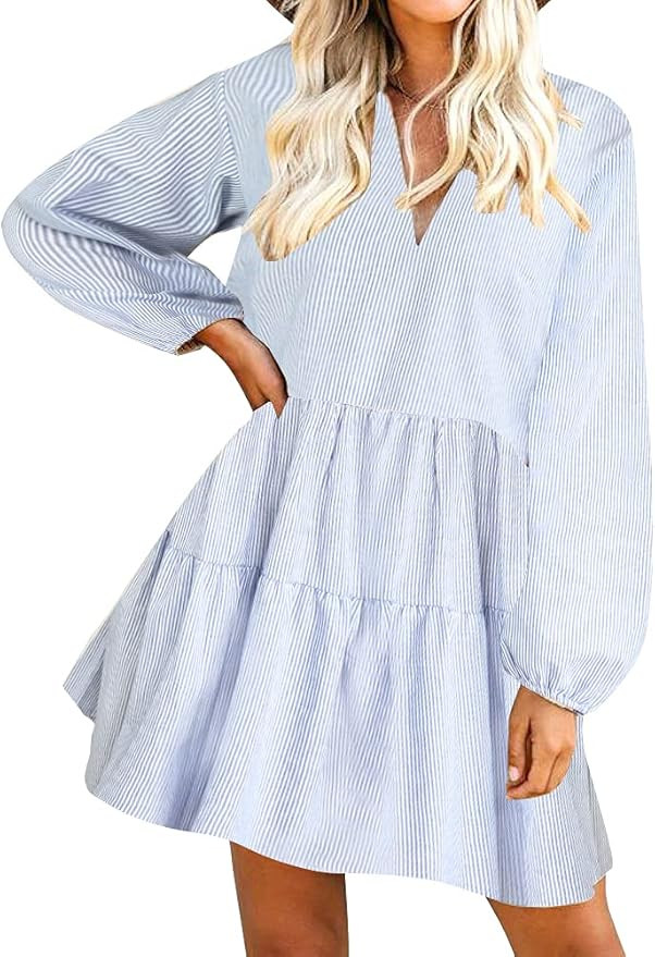 FANCYINN Long Sleeve Shift Tunic Dress Ruffle Swing Babydoll Juniors Mini Ruffle Dress with Pocke... | Amazon (US)