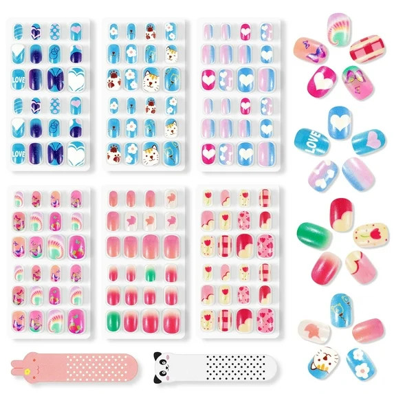 Aliver 144 Pieces Fake Press on Nails for Kids,Cute Cartoon Pattern for Children Girls Nail Art D... | Walmart (US)