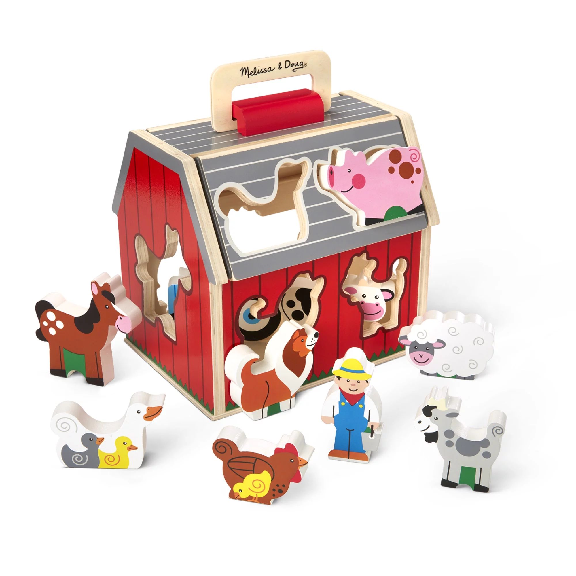 Melissa & Doug Wooden Take-Along Sorting Barn Toy with Flip-Up Roof and Handle 10 Wooden Farm Pla... | Walmart (US)