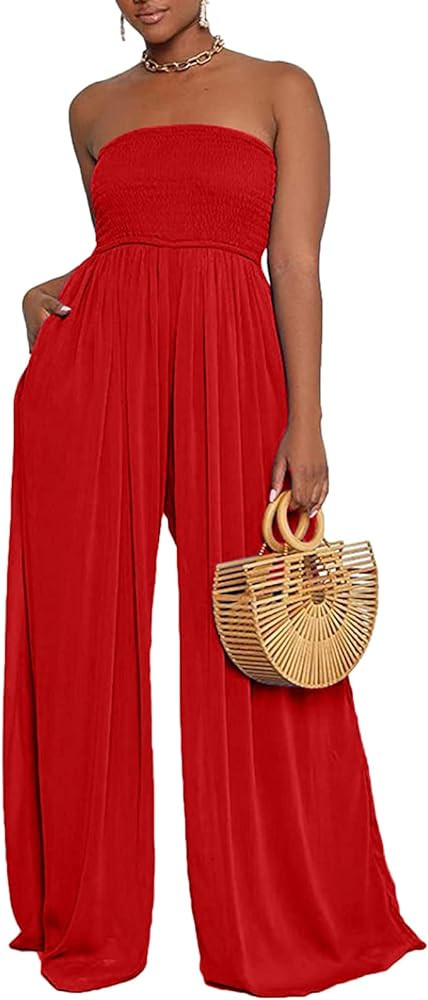 Ophestin Women's Strapless Tube Wide Leg Jumpsuits Smocked Women Jumpsuits Dressy Casual Flowy On... | Amazon (US)