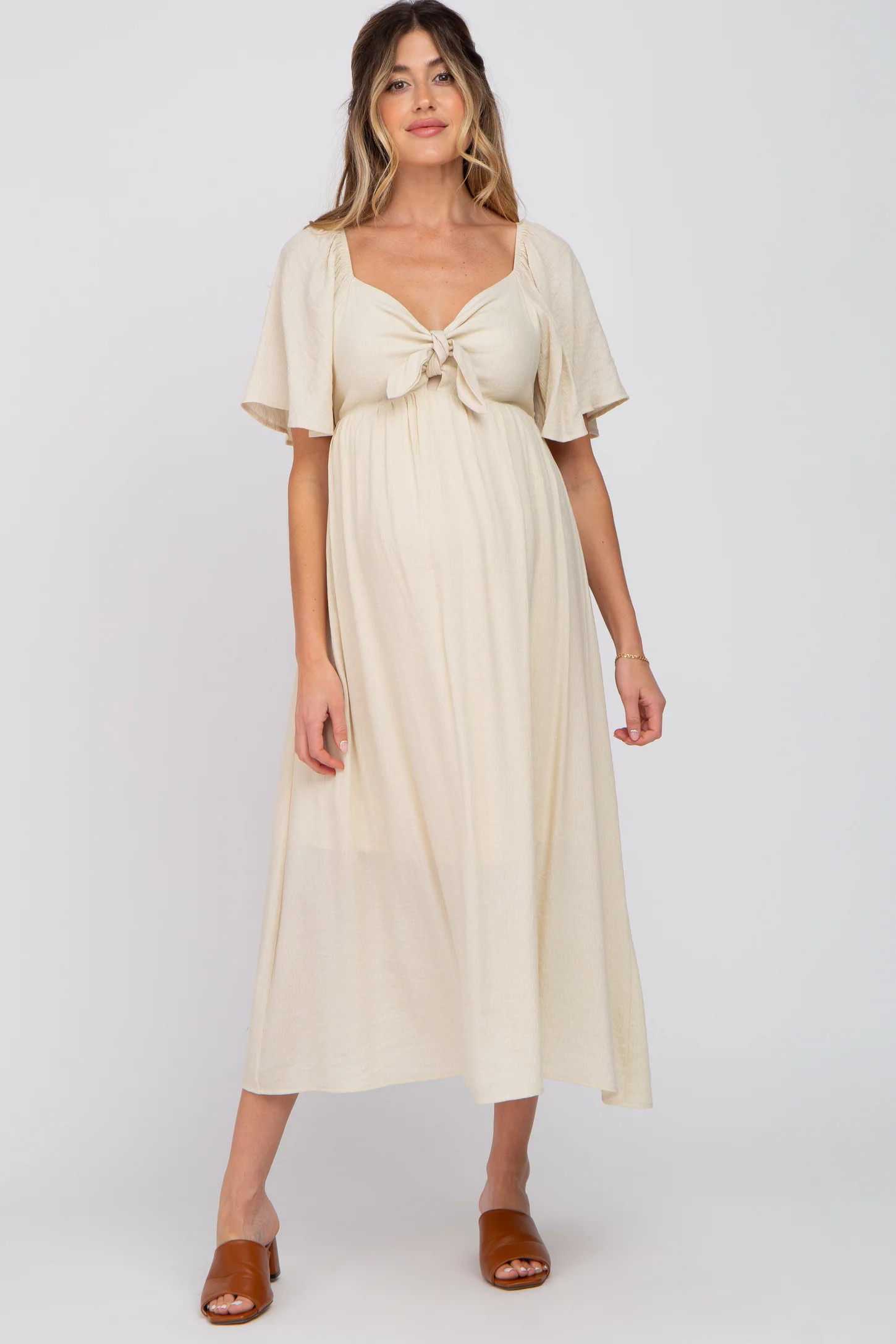 Beige Front Tie Ruffle Sleeve Maternity Midi Dress | PinkBlush Maternity