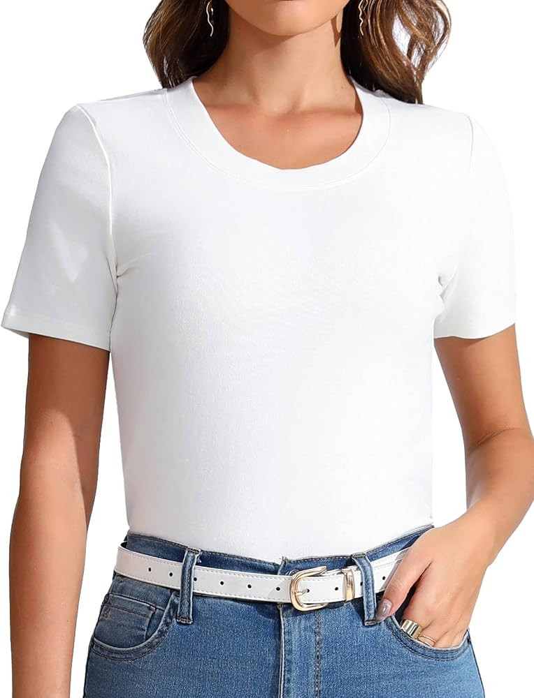 Womens Scoop Neck T Shirts Basic Ribbed Tees Fitted Tshirt Plain Short Sleeve Tops Casual | Amazon (US)