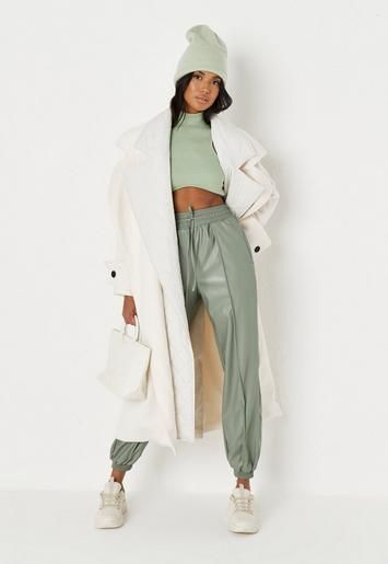 Missguided - Khaki Faux Leather Seam Detail Joggers | Missguided (US & CA)