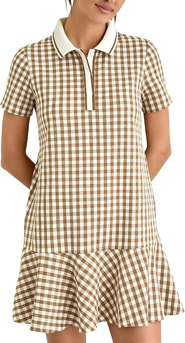 LTSCNRM Women's Gingham Polo Dress Short Sleeve V Neck Ruffle Hem Mini Dress Plaid Golf Tennis Ca... | Amazon (US)