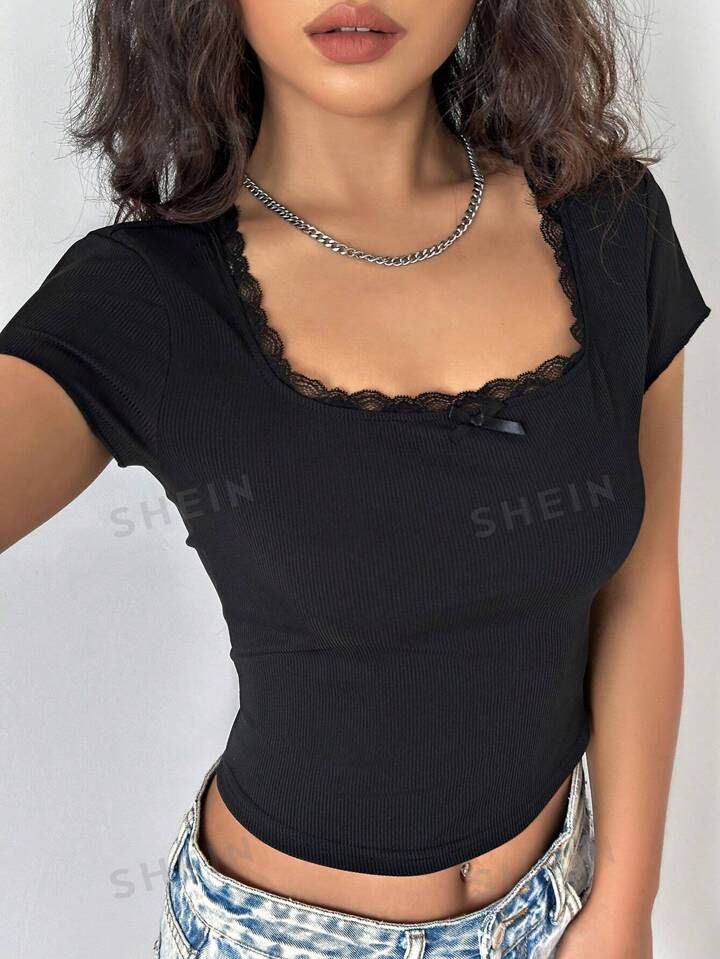 SHEIN Qutie Women's Lace Decorated Bow Tie T-Shirt | SHEIN