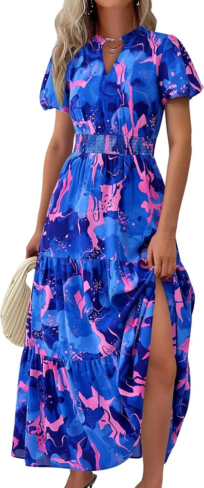 MASCOMODA Summer Maxi Dresses for Women 2026 Casual V Neck Puff Short Sleeve Smocked Flowy Beach ... | Amazon (US)