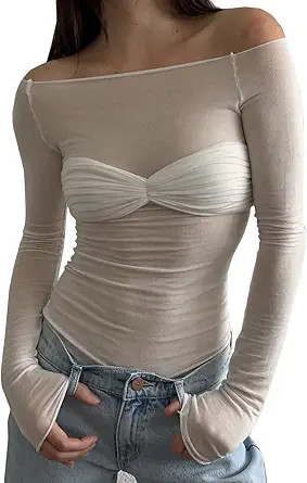 Women Y2k Going Out Tops Long Sleeve Crop Top Sexy Off Shoulder Knit Mesh Sheer Slim Fit T-Shirt ... | Amazon (US)
