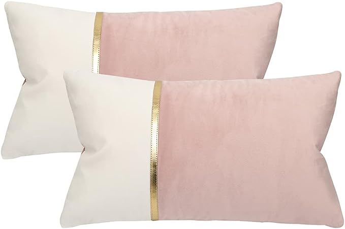 Hckot 12x20 Inch Pink and White Velet Lumbar Pillow Covers for Couch Living Room Bedroom Patchwor... | Amazon (US)