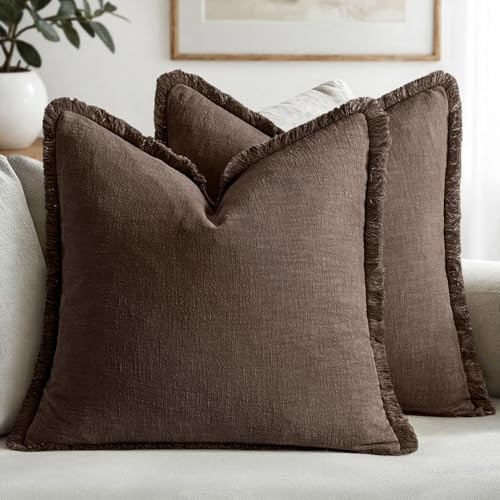 MIULEE Boho Linen Fringe Decorative Fall Pillow Covers Reddish Brown 18x18 | Set of 2, Cottagecor... | Amazon (US)