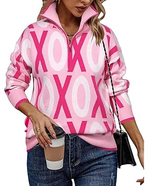 Heart Sweater for Women V Neck Valentines Sweatshirt Quarter Zip Pullover Ribbed Knitted Sweaters... | Amazon (US)