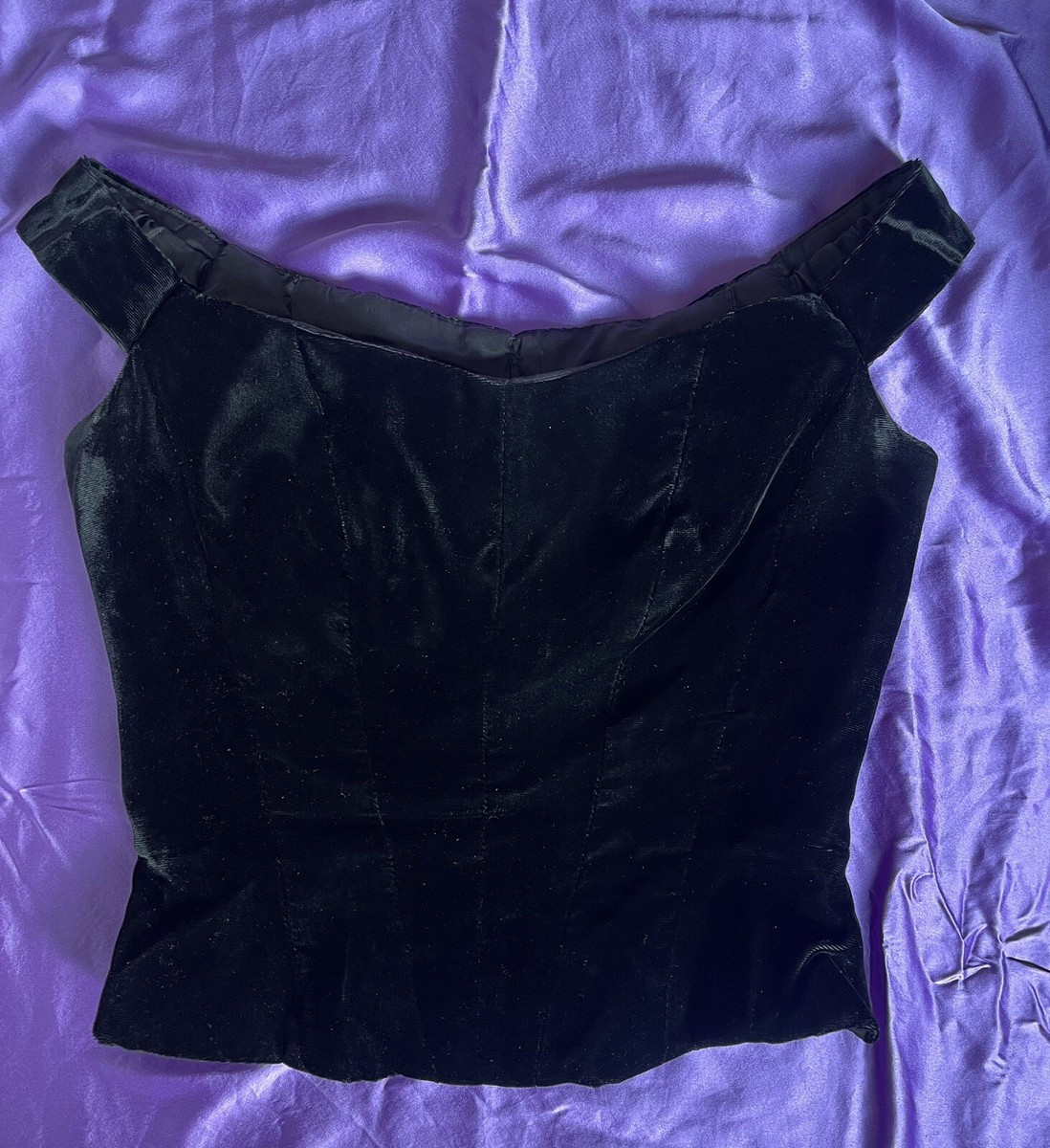 1950s Whimsigoth Vtg Black Velvet Boning Bustier Corset Off Shoulder Top Bodice | eBay US