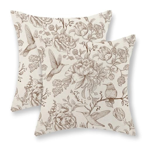 Brown Pillow Covers 18x18 Inch Set of 2 Chinoiserie Bird Floral Throw Pillows Outdoor Decor Vintage Hummingbird Flower Pillow Cases Linen Farmhouse Decorative Cushion Cover for Couch Sofa Bed | Amazon (US)