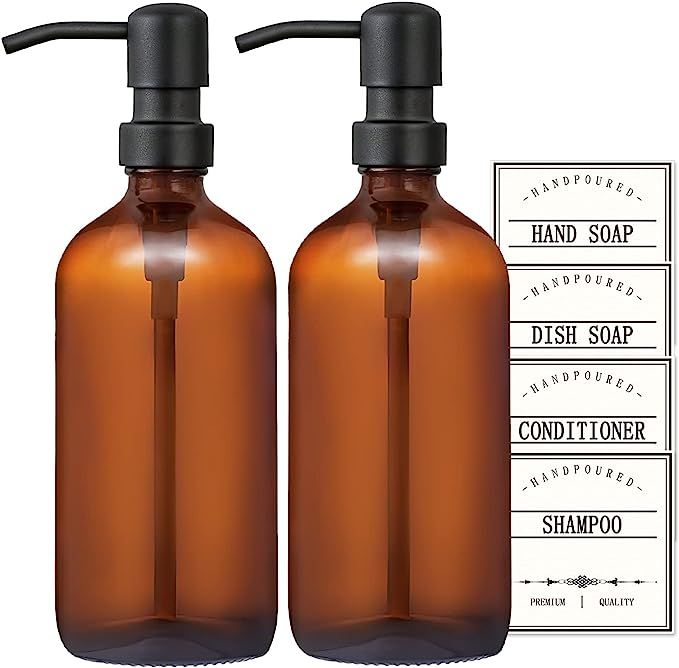 GMISUN 16oz Amber Glass Soap Dispenser with Rustproof Matte Black Stainless Steel Pump & Labels,2... | Amazon (US)