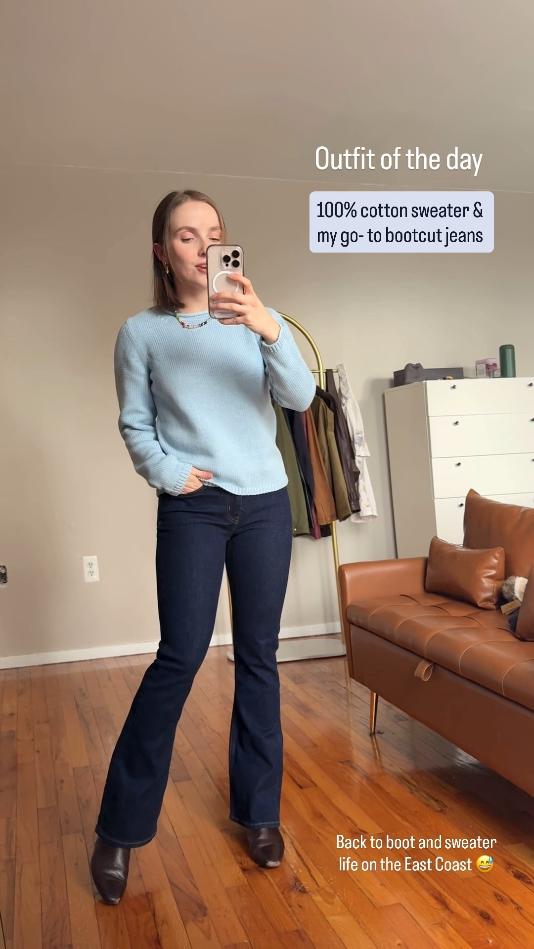 Simple outfit of the day 
100% cotton roll neck icy blue sweater gap wearing xs
Flare bootcut jeans from Quince 25 30 inch insteam
Madewell booties 


#LTKootd #LTKSaleAlert #LTKPetite