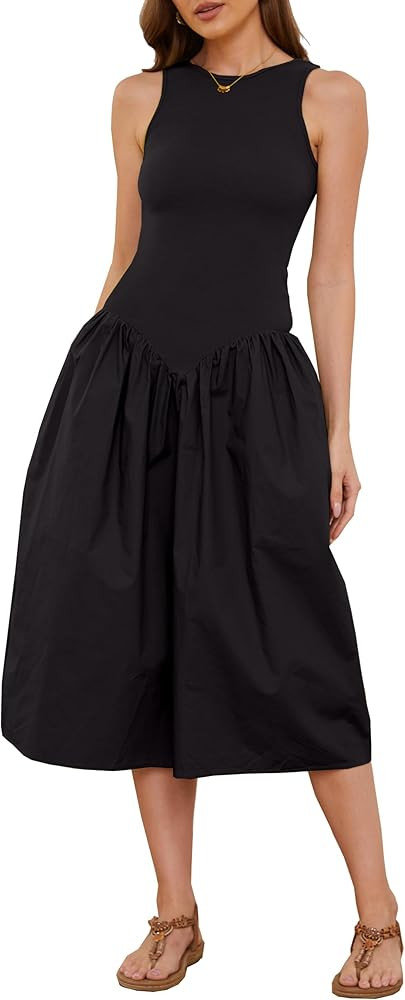 Livtany Women's Sleeveless Slim Fit Midi Dress Drop-Waist Crew Neck Patchwork Dress Ribbed a-Line... | Amazon (US)