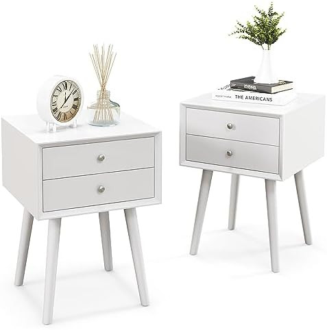 Giantex White Nightstand Set of 2, Wooden Bedside Tables w/ 2 Storage Drawers & Solid Wood Legs, ... | Amazon (US)