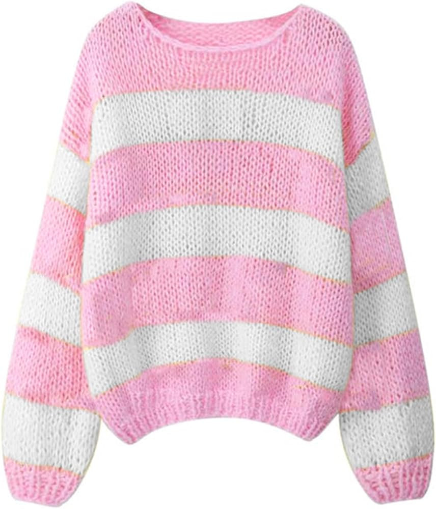 FOMOYUU Women Oversized Striped Sweater Color Block Knit Long Sleeve Sweatshirt Loose Pullover Y2... | Amazon (US)