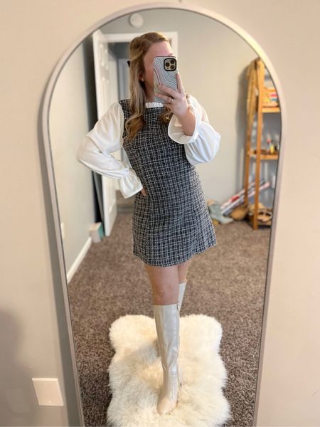 Holiday dress, tweed dress, chic outfit, preppy style, knee high boots, hair bows

#LTKfindsunder50 #LTKSeasonal
