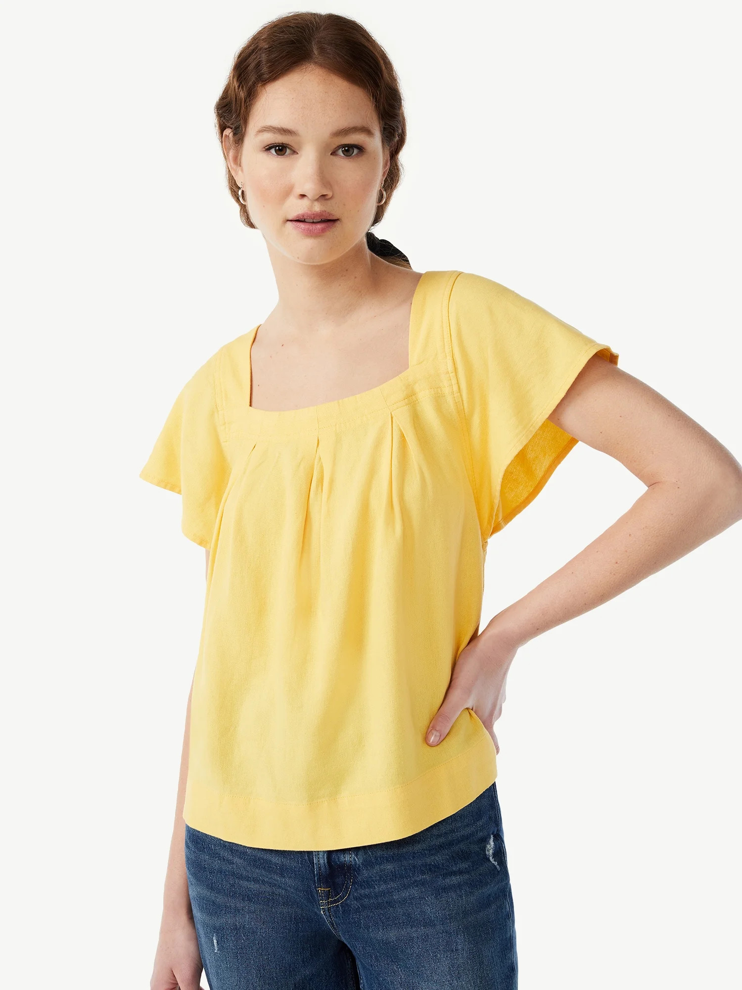 Free Assembly Women's Square Neck Flutter Sleeve Top - Walmart.com | Walmart (US)