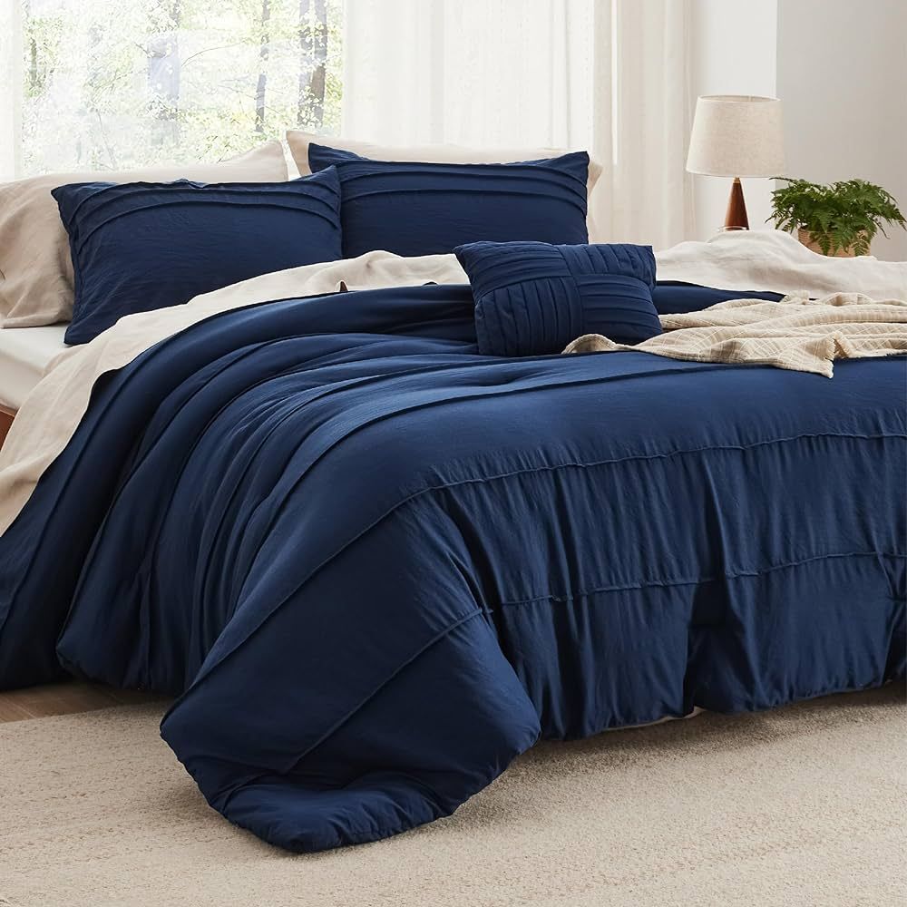 Bedsure Navy Blue Full Size Comforter Set - 4 Pieces Pinch Pleat Bed Set, Down Alternative Warm B... | Amazon (US)