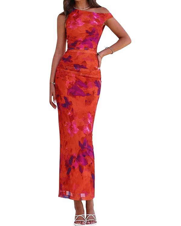 PRETTYGARDEN Women's 2025 Summer Floral One Shoulder Maxi Dress Wedding Guest Ruched Mesh Bodycon... | Amazon (US)
