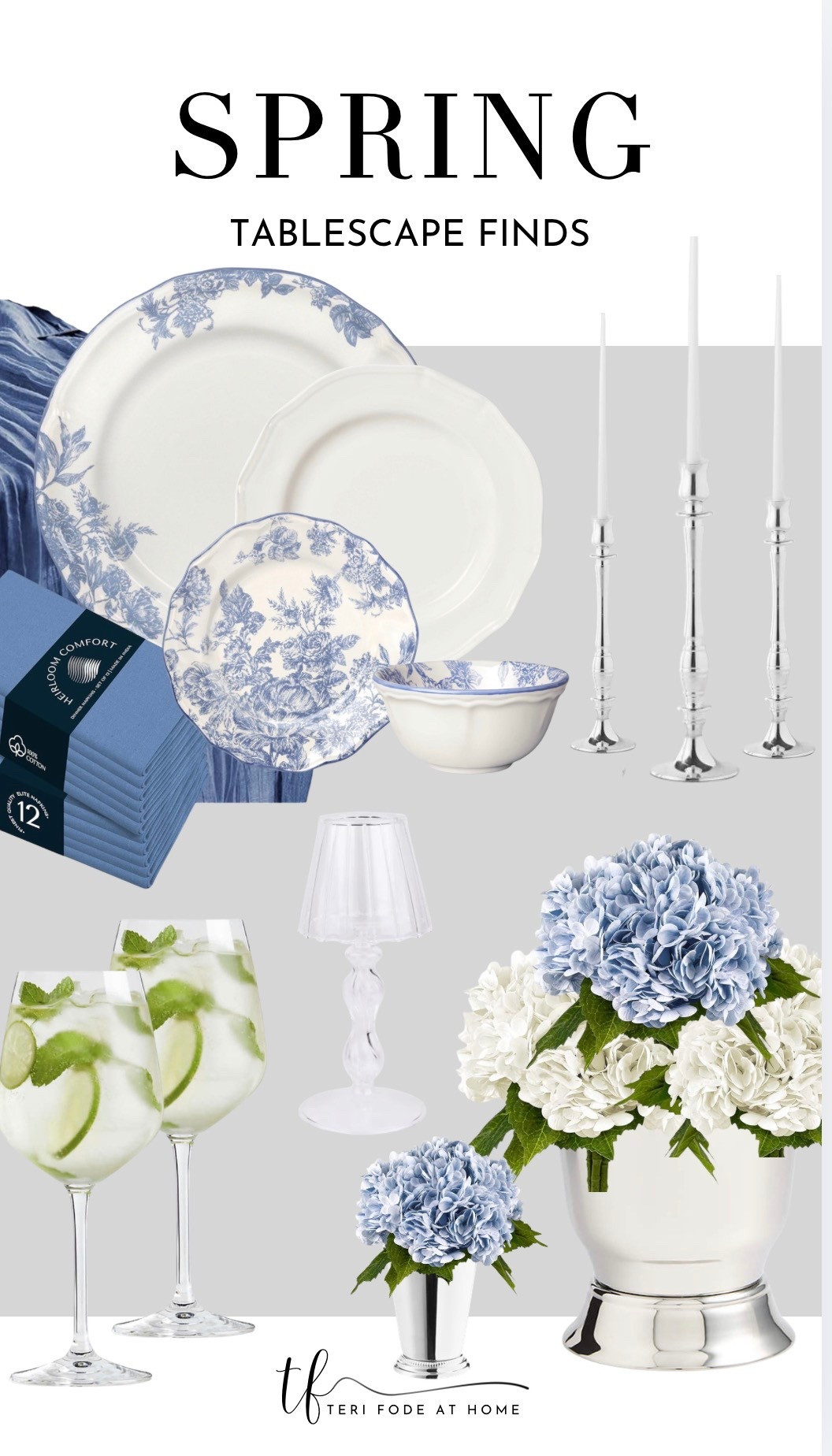 A Bridgerton inspired spring tablescape perfect for Mother’s Day, layered with soft blue and white florals, classic china, polished silver, and fresh hydrangeas for a look that feels romantic, timeless, and effortlessly elegant; spring tablescape, mothers day table decor, bridgerton tea party, tea party table, blue and white table decor, floral dinnerware, hydrangea centerpiece, silver serveware, layered table setting, elegant table styling, brunch table ideas, garden party ideas, pastel table decor, candle holders, spring entertaining, hosting essentials, modern hostess
