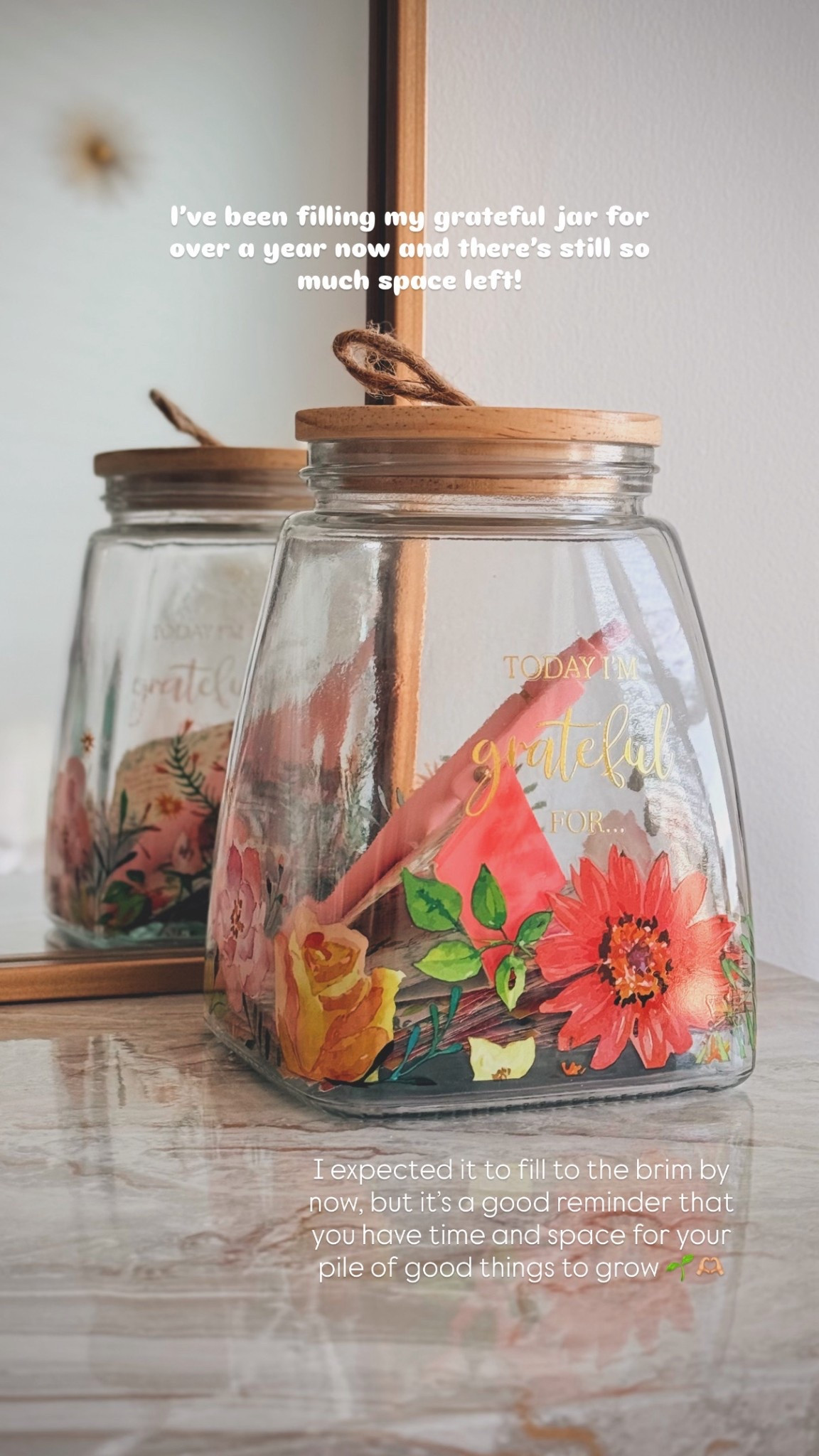 Every day I find many blessings to be grateful for and that opens me up to seeing and making room for more! 

Some days are rough but reflecting even for a few minutes on what you’re thankful for really adds to your quality of life 🫶🏼🌱☀️

Here is the jar I’ve been using since beginning of 2025! It comes with a little booklet devotional with space to fill in on the other side. Every morning or evening, you can continue this habit of thankfulness! 

Mine is theological but there are other options! #mindfulness 

#LTKselfcare #LTKmorningroutine #LTKdayinmylife