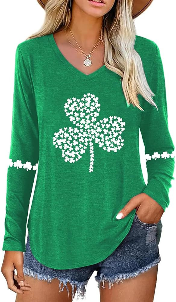 St Patricks Day Shirt Women：V Neck Green Shamrock Long Sleeve Shirt Lucky Leaf Clover Shirt | Amazon (US)