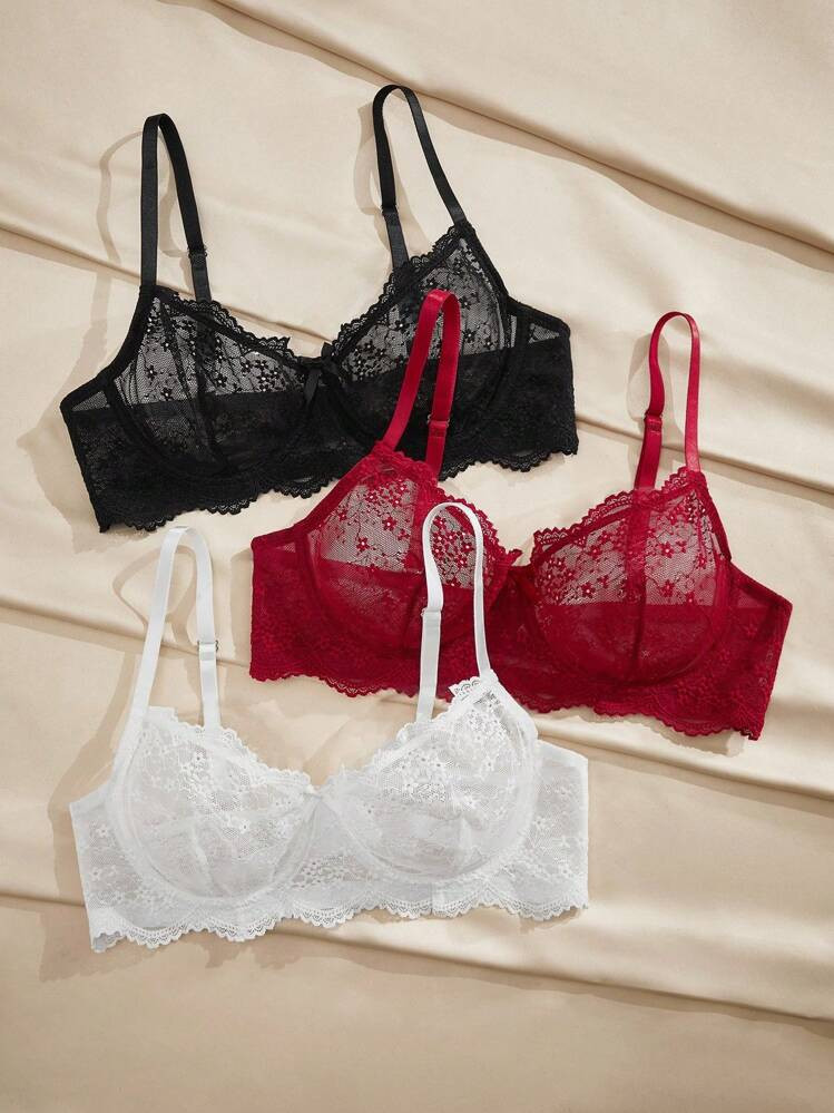 Charlaine 3pcs/Pack Women's Lace Bowknot Underwire Bra, 3/4 Cup
Details
 | SHEIN