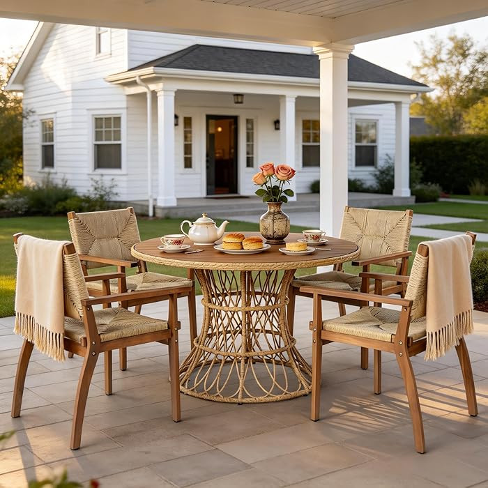 Merax 5-Piece Outdoor Dining Set, 47.24'' Round Acacia Wood Table & 4 Wicker Armchairs, Patio Fur... | Amazon (US)