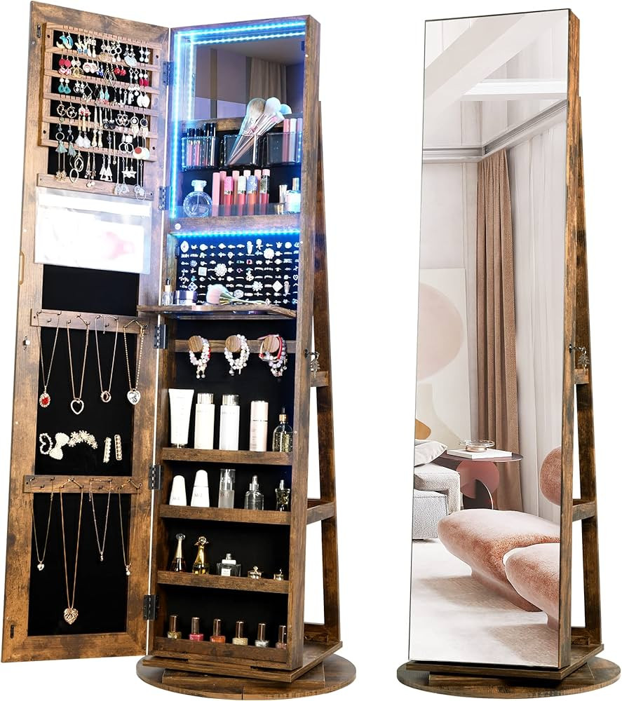 Vlsrka LED Light Jewelry Cabinet with Full Length Mirror 360° Swivel, Large Jewelry Organizer Ar... | Amazon (US)