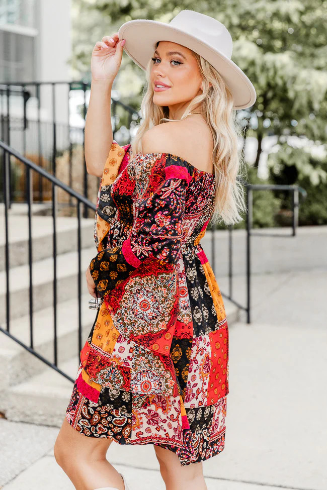 Found Love At Last Red Off The Shoulder Patchwork Print Mini Dress | Pink Lily