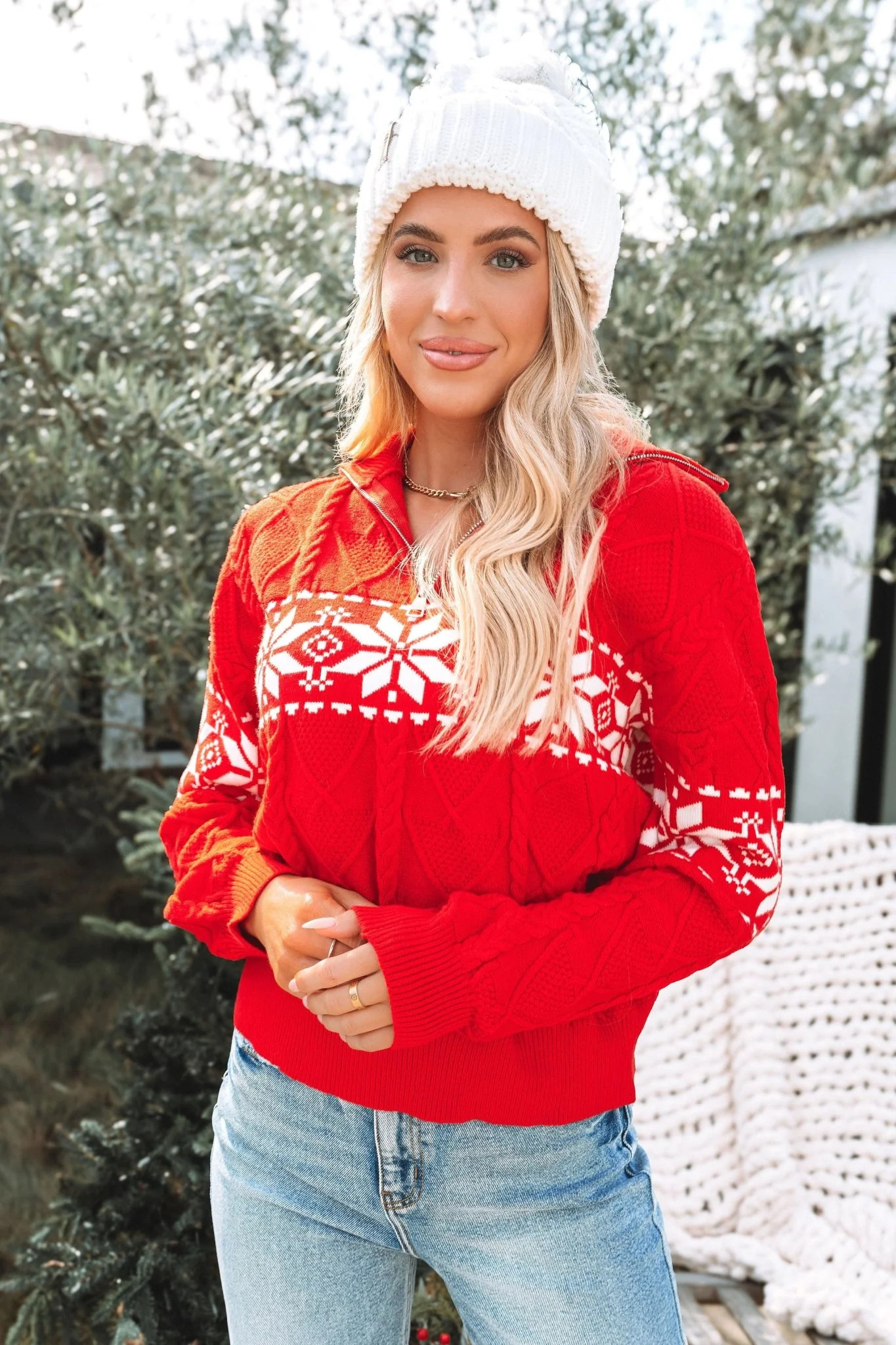 Red Snowflake Print Zip Up Sweater | Magnolia Boutique