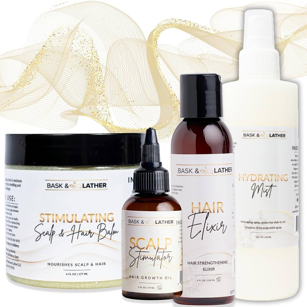 BASK & LATHER Moisture & Seal Bundle | Hair Elixir + Scalp Stimulator Oil + Balm + Hydrating Mist... | Amazon (US)