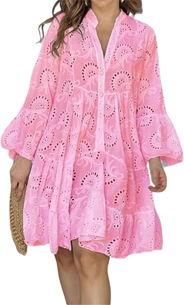 utcoco Womens Lined Embroidered Lace Eyelet 3/4 Trumpet Sleeve V Neck Half Button Swing A Line Mi... | Amazon (US)