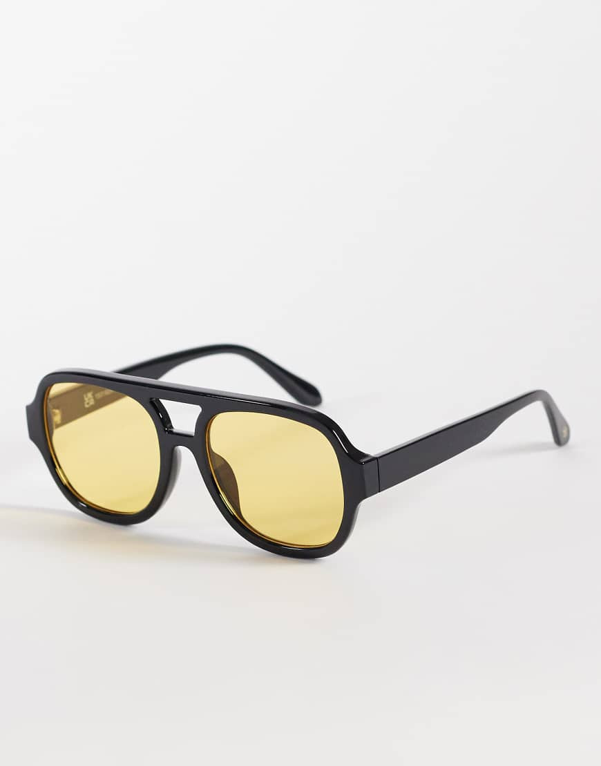 Reclaimed Vintage unisex aviator sunglasses with yellow lens in black | ASOS (Global)