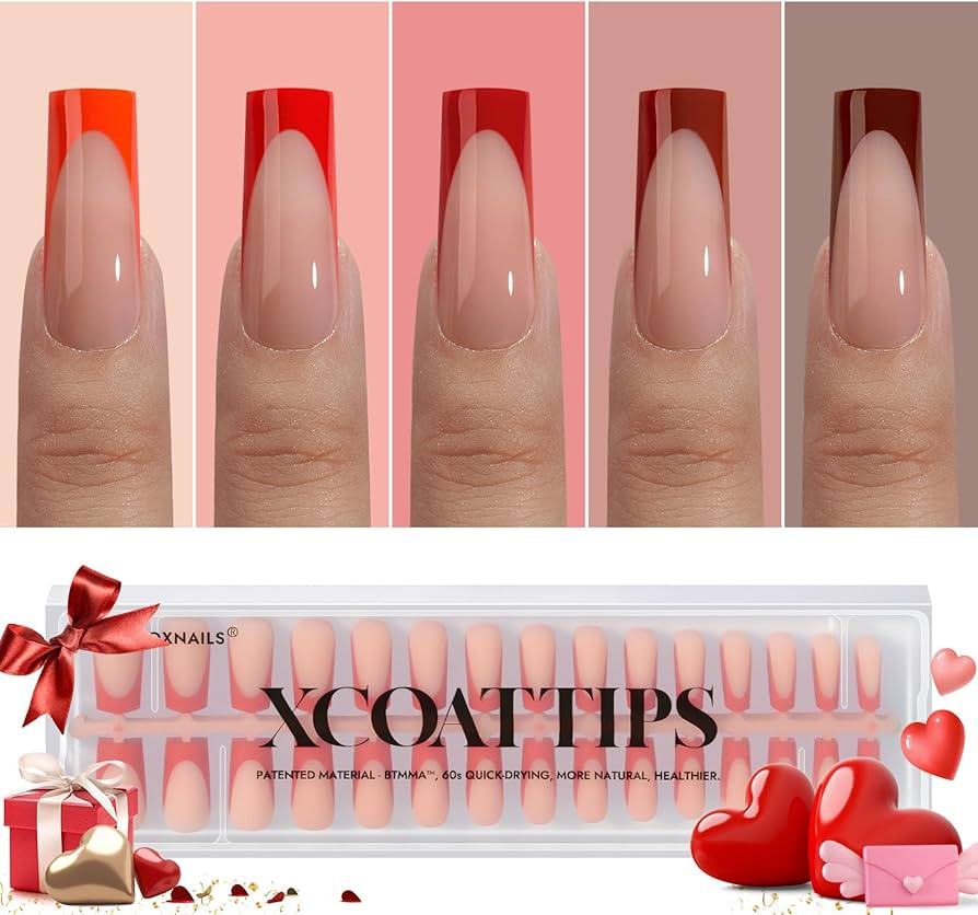 BTArtboxnails XCOATTIPS French Tip Press on Nails - Red Press On Nails Square, Valentines Long Fa... | Amazon (US)