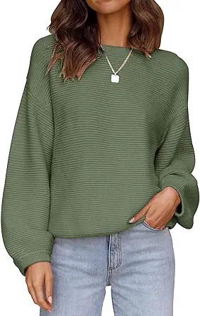 ZESICA Women's Crew Neck Long Lantern Sleeve Fall 2026 Casual Loose Ribbed Knit Solid Soft Pullov... | Amazon (US)