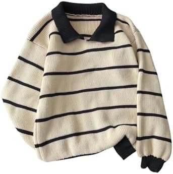 Floerns Women's Collared Striped Sweaters Preppy Oversized Knit Fall Pullover Sweater | Amazon (US)