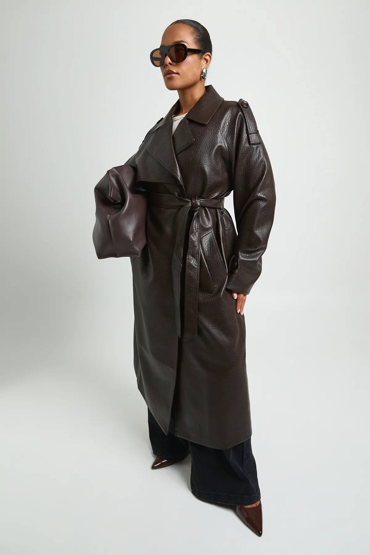 boohoo Women's Plus Faux Leather Belted Trench Coat in Chocolate | Size: 16 | Denim/Faux Leather | boohoo (US & Canada)