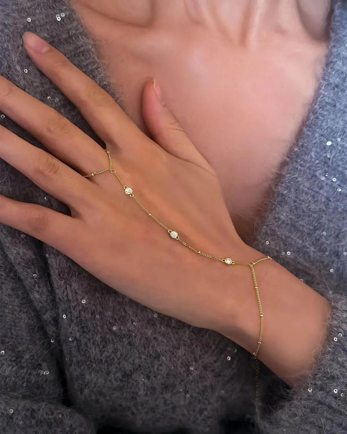 14K Solid Gold Diamond Hand Chain Bracelet, Celestial Jewelry | Etsy (Global)
