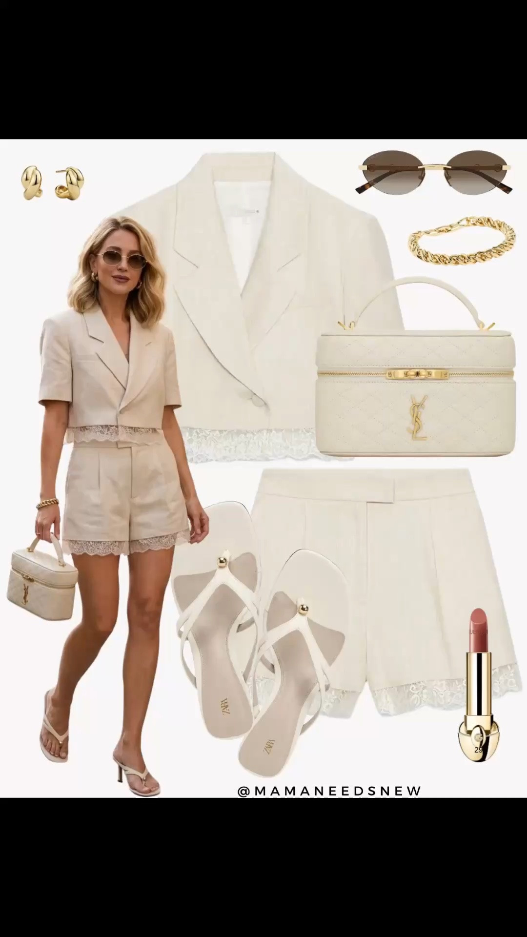 A spring to summer outfit with a matching cropped short sleeve lace trim blazer and shorts set, top handle vanity bag, kitten heel thong sandals 🤍

#LTKSaleAlert #LTKSeasonal #LTKootd