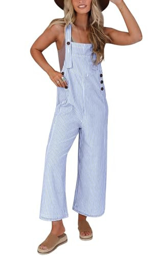 PRETTYGARDEN Womens Overall Romper Summer Striped Outfits Sleeveless Button One Piece Jumpsuits Loose Wide Leg Overalls Jumpers (Blue Striped,XL) | Amazon (US)