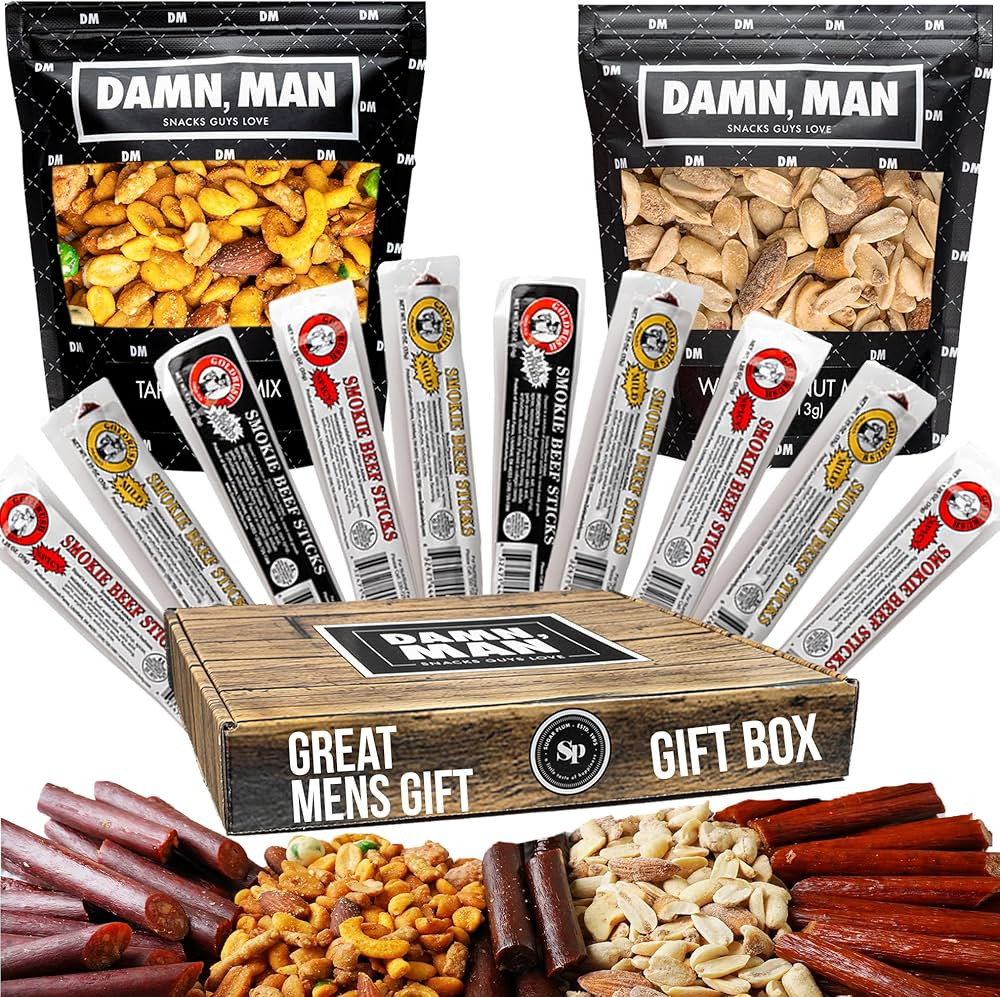 Beef Jerky Gift Basket for Men with Nuts - 12pc Meat Snack Food Variety Box, Unique Food Gift Ide... | Amazon (US)